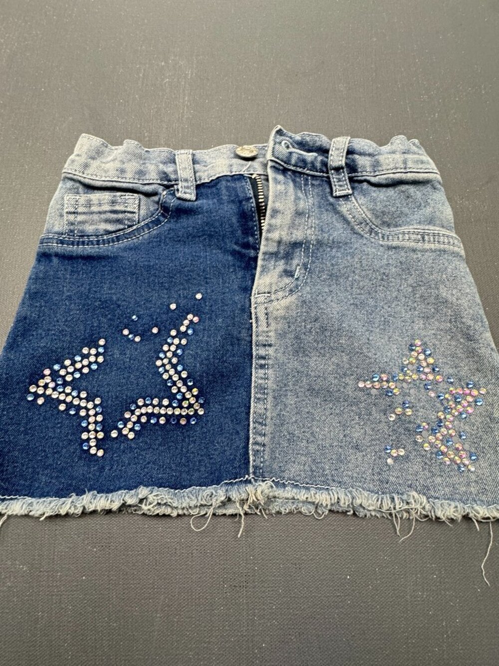 Truly Girls Size 4 Blue Colorblock Denim Mini Skirt Rhinestone Star Frayed Hem